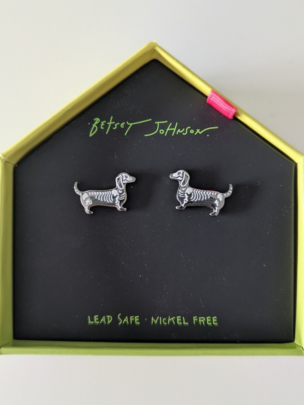 Betsey Johnson Silver-Tone Dachshund Skeleton Stud Earrings, New In Box